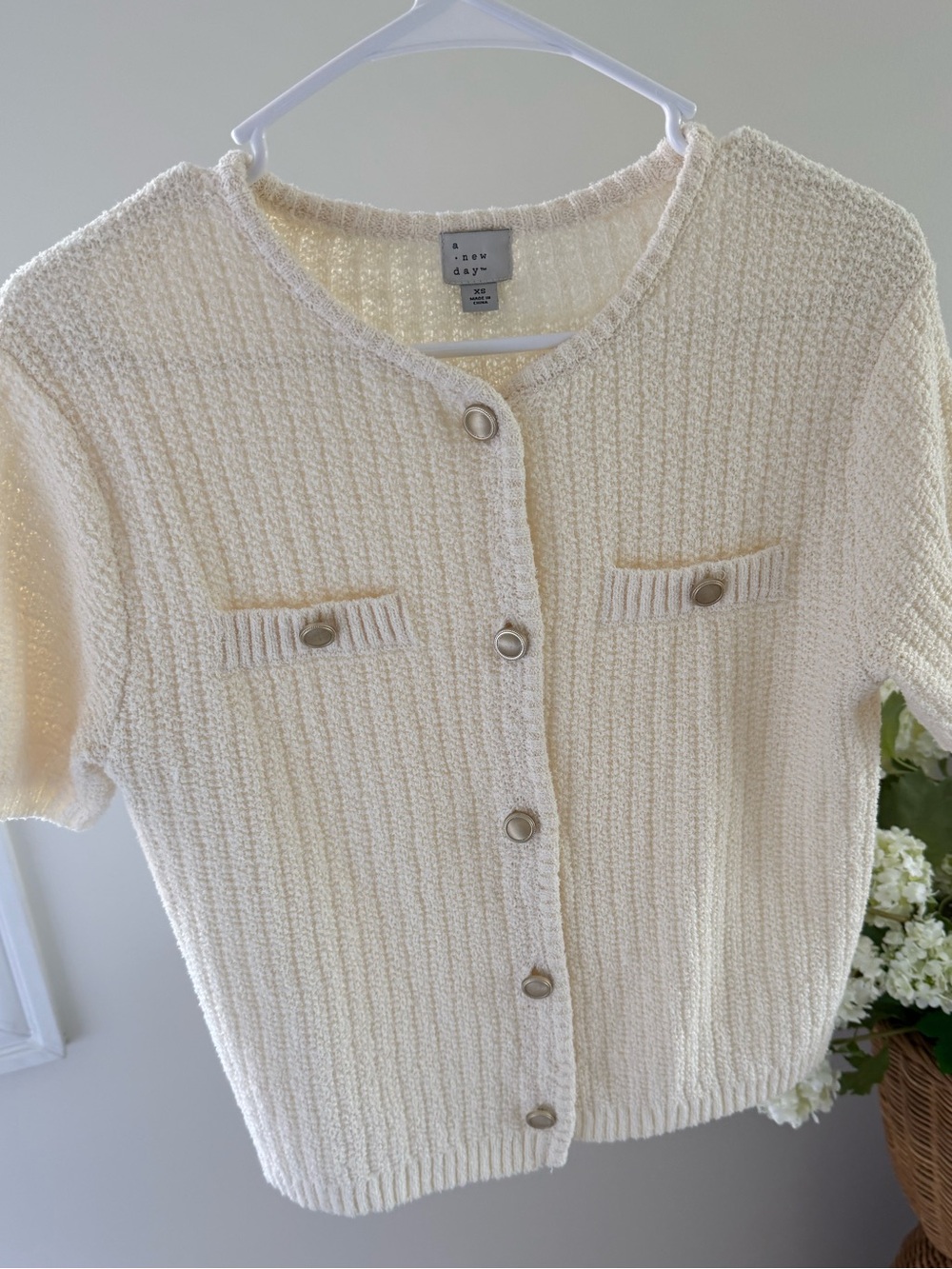 A New Day Cream Short-Sleeve Button Cardigan Sweater